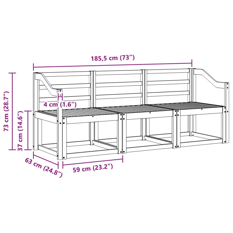 Lauko sofos komplektas 3 pcs Balta 185,5 x 63 x 73 cm