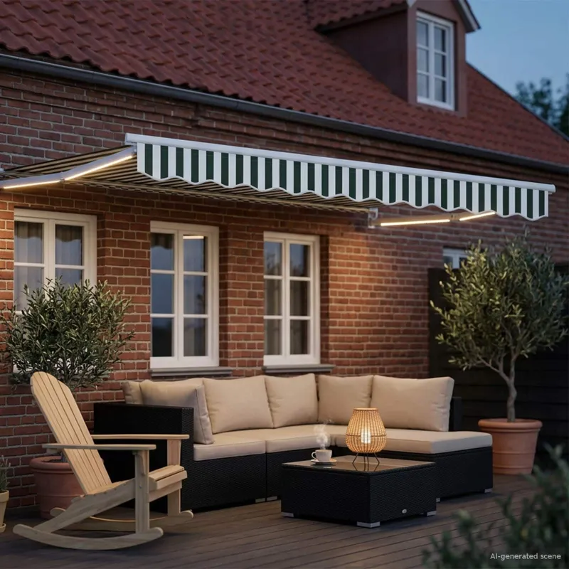 Rankinė ištraukiama markizė su LED Žalia ir balta 3,5 x 2 m