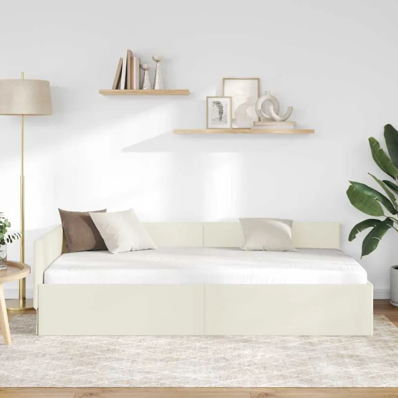 Kampinė lovos konstrukcija Kreminė 90 cm x 200 cm Aksomas