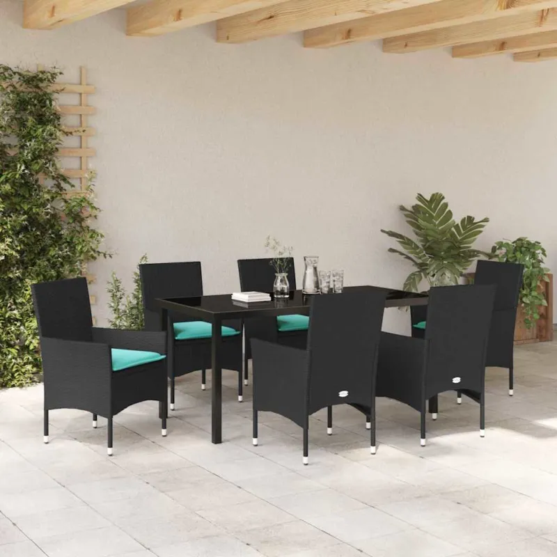 Stalo ir kėdžių komplektas su pagalve 7 pcs Juoda PE ratanas