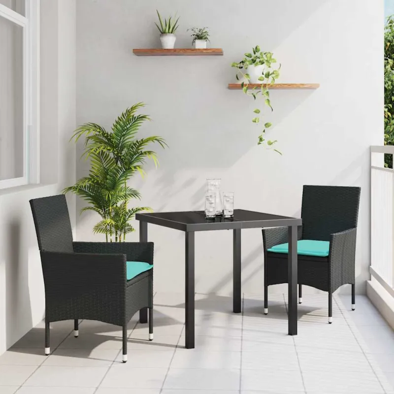 Stalo ir kėdžių komplektas su pagalve 3 pcs Juoda PE ratanas
