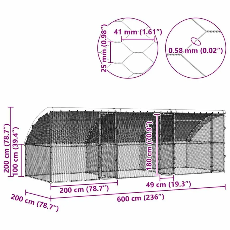 Vištų narvas 3 pcs Sidabro 600 x 200 x 200 cm Cinkuota plienas