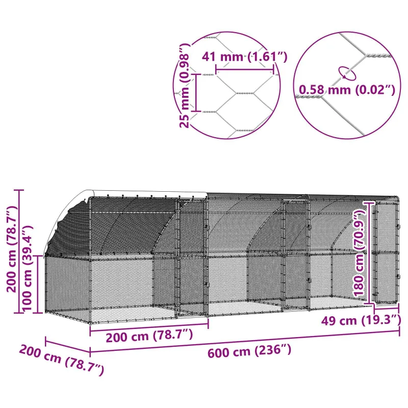 Vištų narvas 3 pcs Sidabro 600 x 200 x 200 cm Plienas ir PE