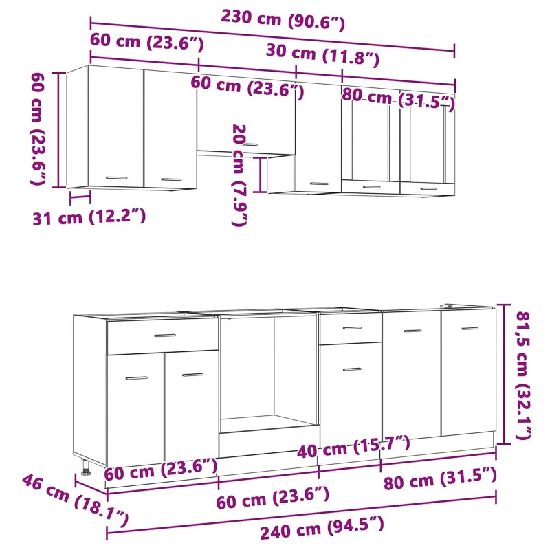 Virtuvės spintelių komplektas Lyon 8 pcs Dūminio ąžuolo
