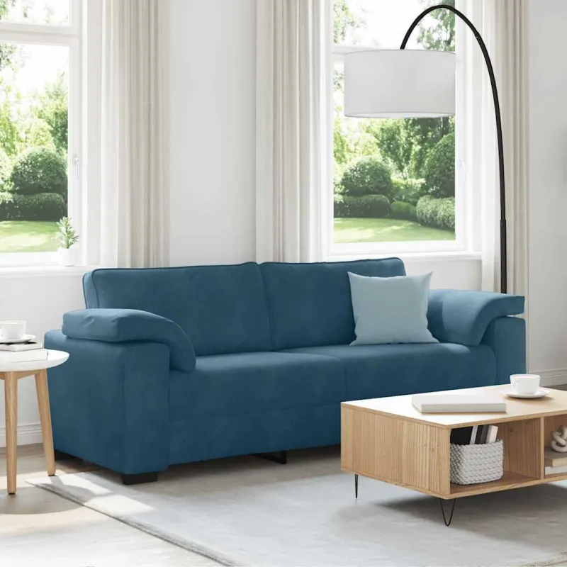 Trivietė sofa, mėlyna, 220x77x82 cm, aksomas
