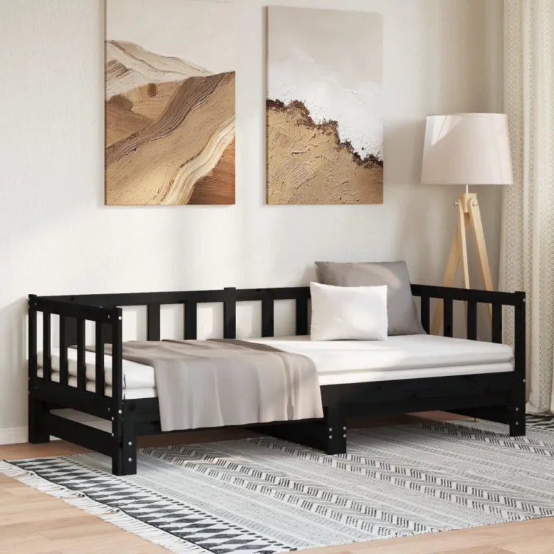 Ištraukiama lova, juoda, 2x(90x190)cm, pušies medienos masyvas