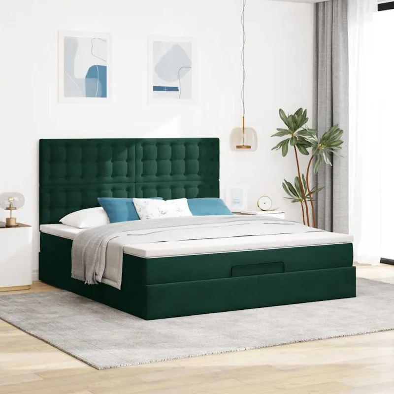 Osmanų lovos rėmas su čiužiniais, žalias, 160x200cm, aksomas