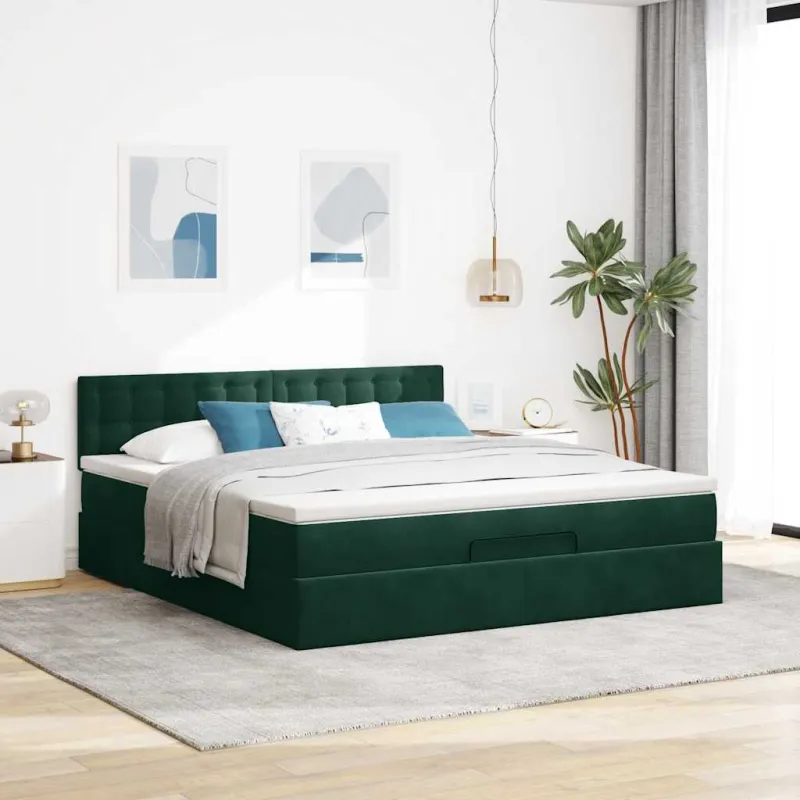 Osmanų lova su čiužiniu ir LED Tamsiai žalia 160x200cm Velvet