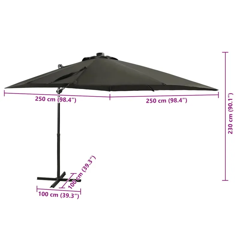 Gembinis skėtis su stulpu ir LED lemputėmis, antracito, 250cm
