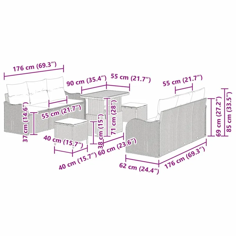Sodo sohvaryhmä tyynyine 9 osaa, hiekanvärinen polyrattanu