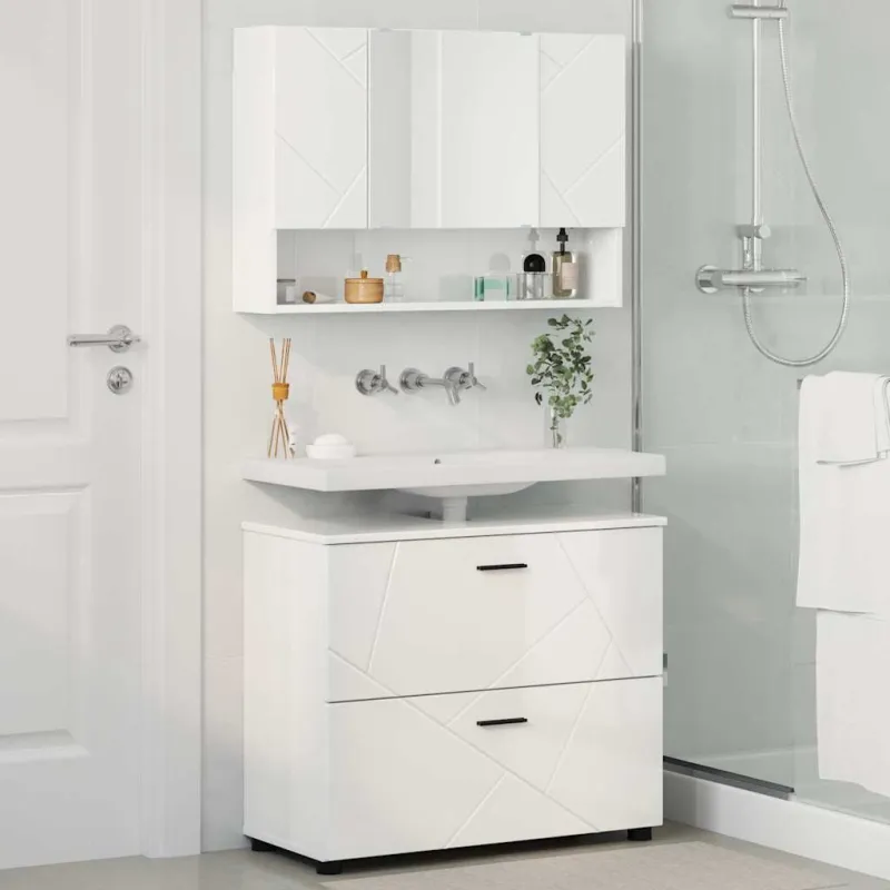 Vonios baldų rinkinys su stalčių 2 pcs Aukštai blizganti balta