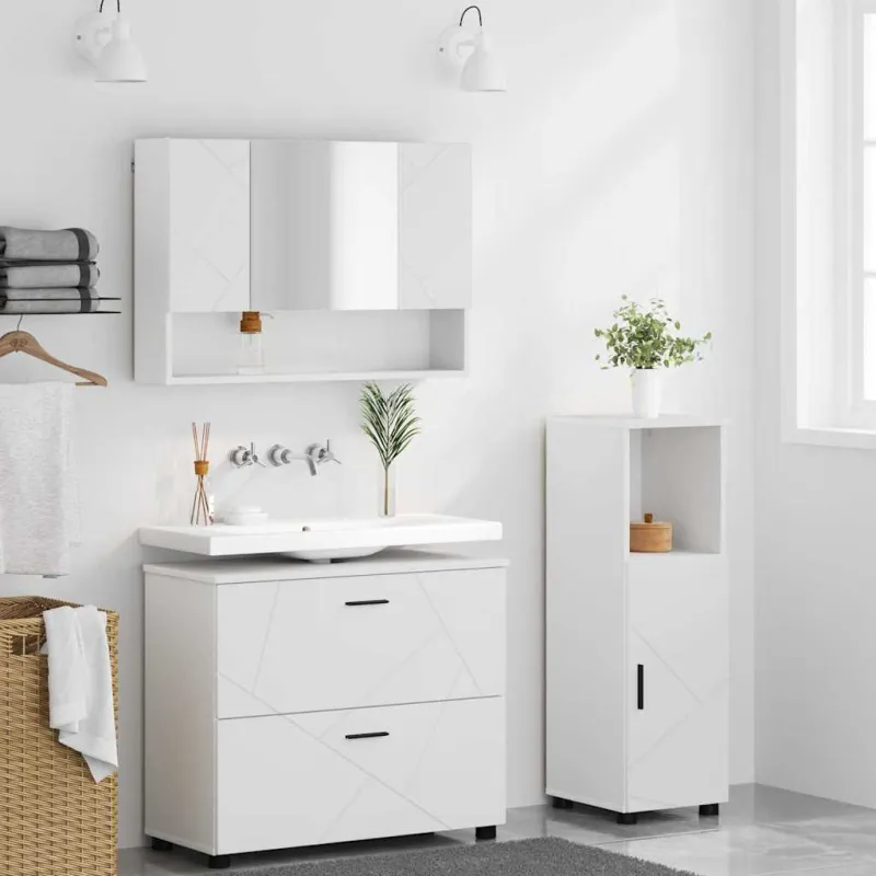 Vonios baldų rinkinys 3 pcs Balta Inžinerinė mediena ir metalas