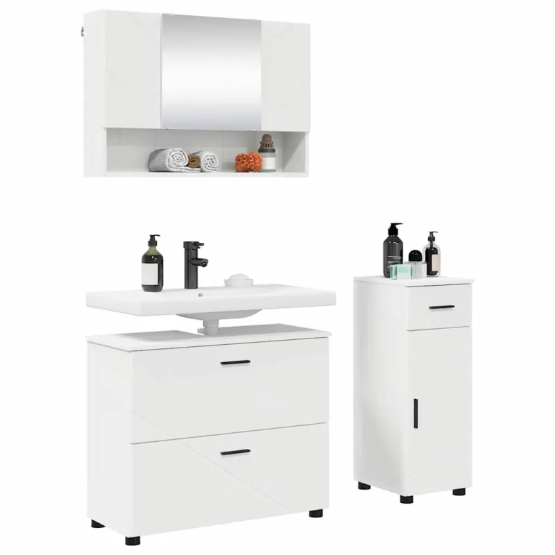 Vonios baldų rinkinys 3 pcs Balta Inžinerinė mediena ir metalas