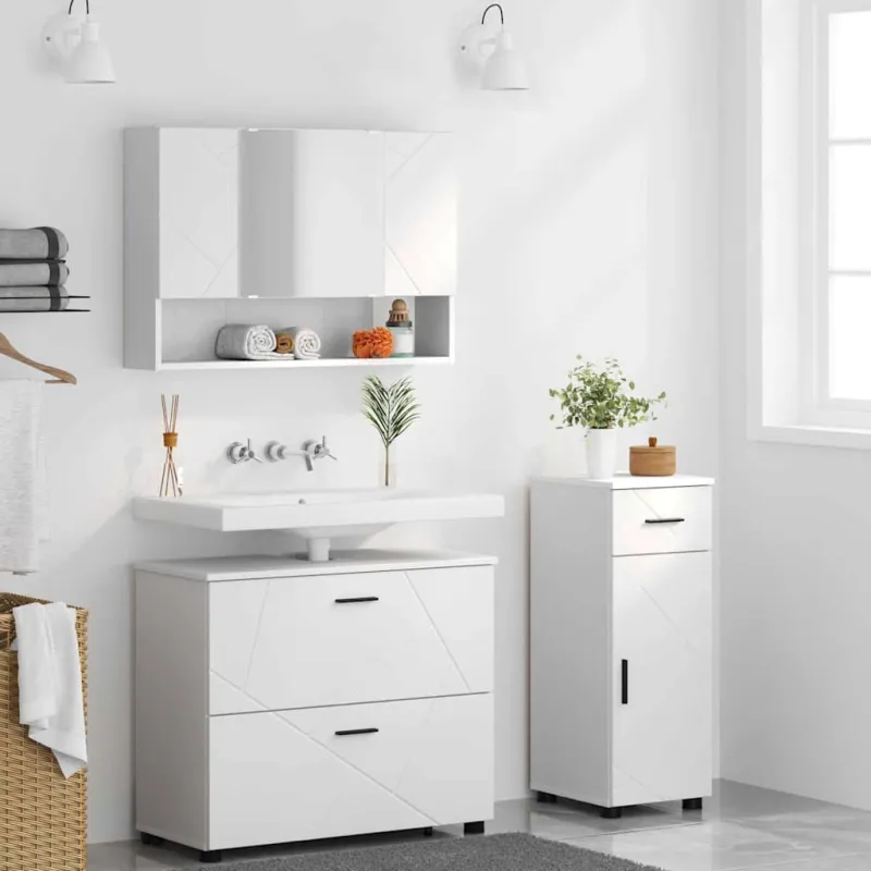 Vonios baldų rinkinys 3 pcs Balta Inžinerinė mediena ir metalas
