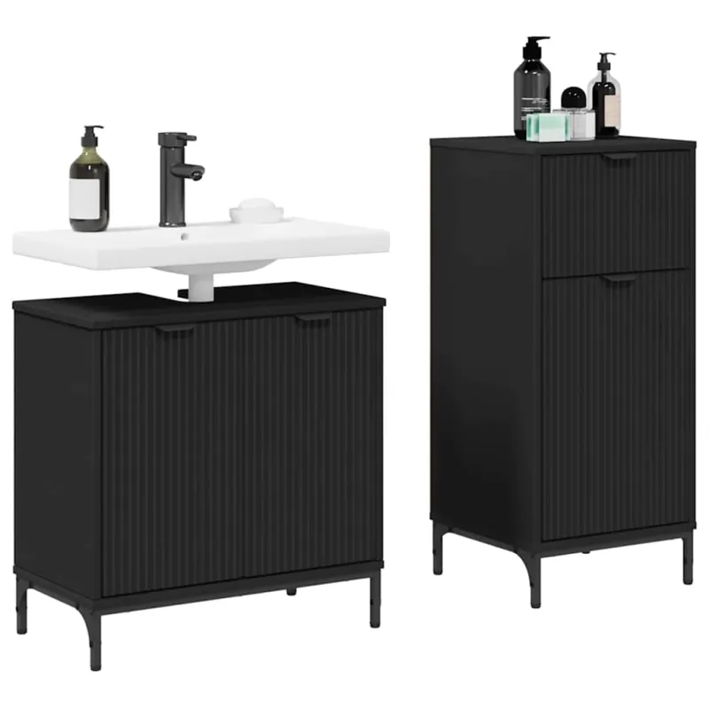 Vonios baldų rinkinys 2 pcs Juoda Inžinerinė mediena ir metalas