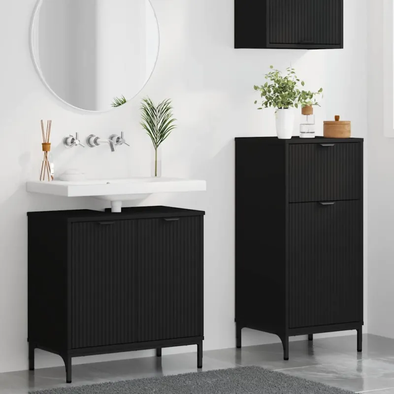 Vonios baldų rinkinys 2 pcs Juoda Inžinerinė mediena ir metalas