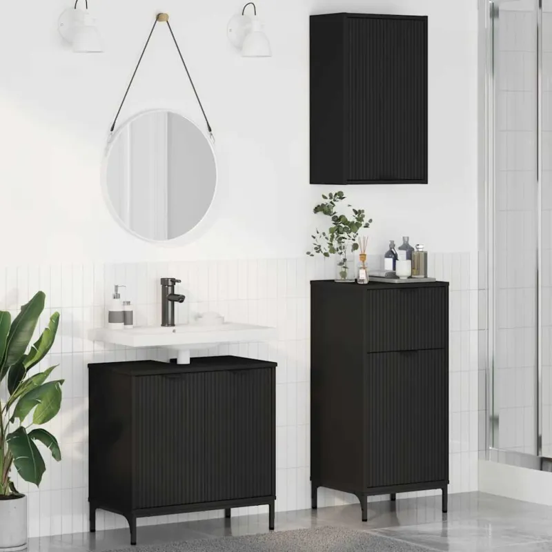 Vonios baldų rinkinys 3 pcs Juoda Inžinerinė mediena ir metalas