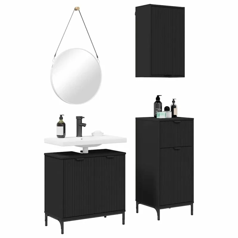 Vonios baldų rinkinys 3 pcs Juoda Inžinerinė mediena ir metalas