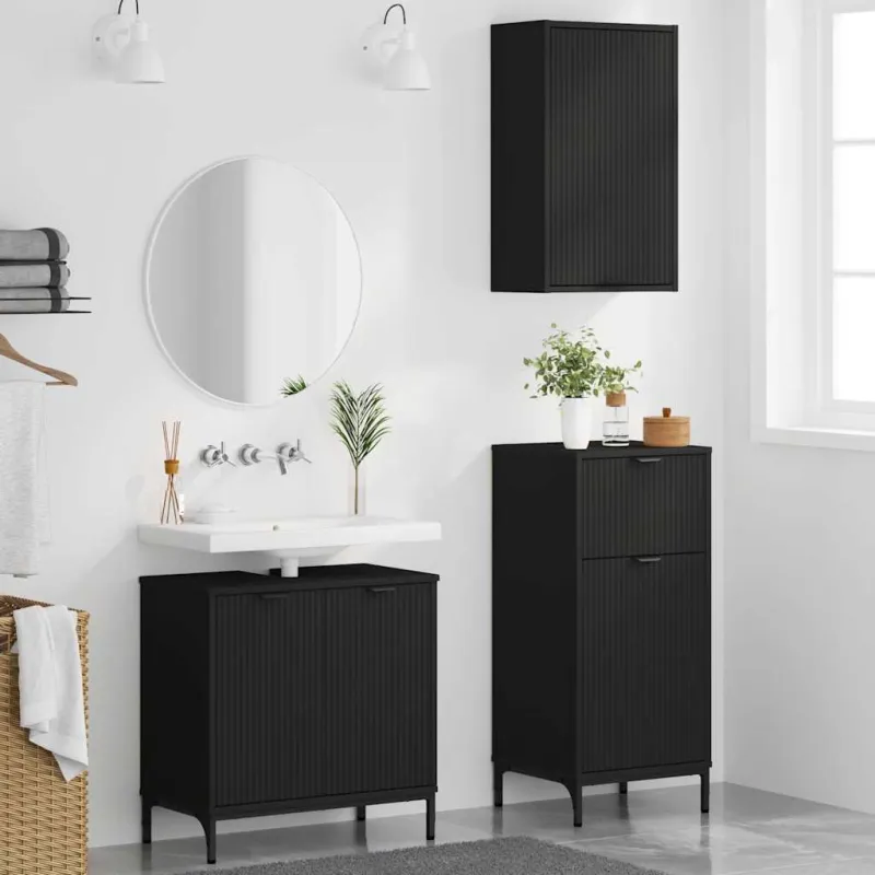 Vonios baldų rinkinys 3 pcs Juoda Inžinerinė mediena ir metalas