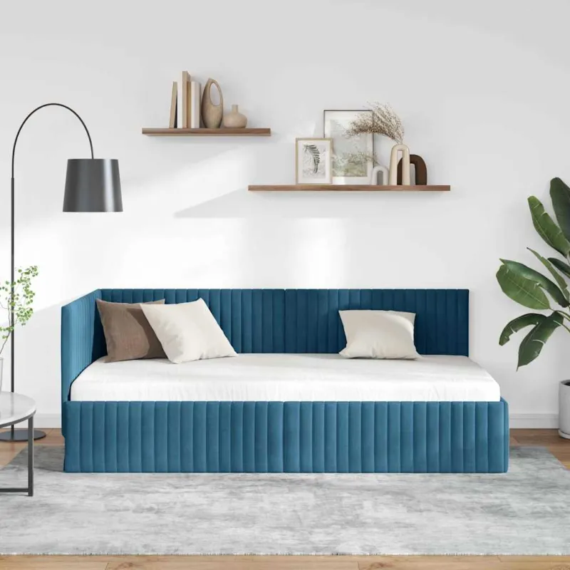 Kampinė lovos konstrukcija Mėlyna 90 cm x 200 cm Aksomas