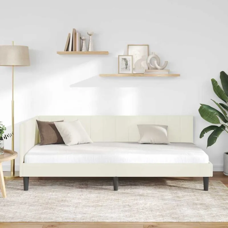 Kampinė lovos konstrukcija Kreminė 90 cm x 190 cm Aksomas