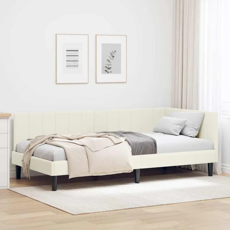 Kampinė lovos konstrukcija Kreminė 100 cm x 200 cm Aksomas
