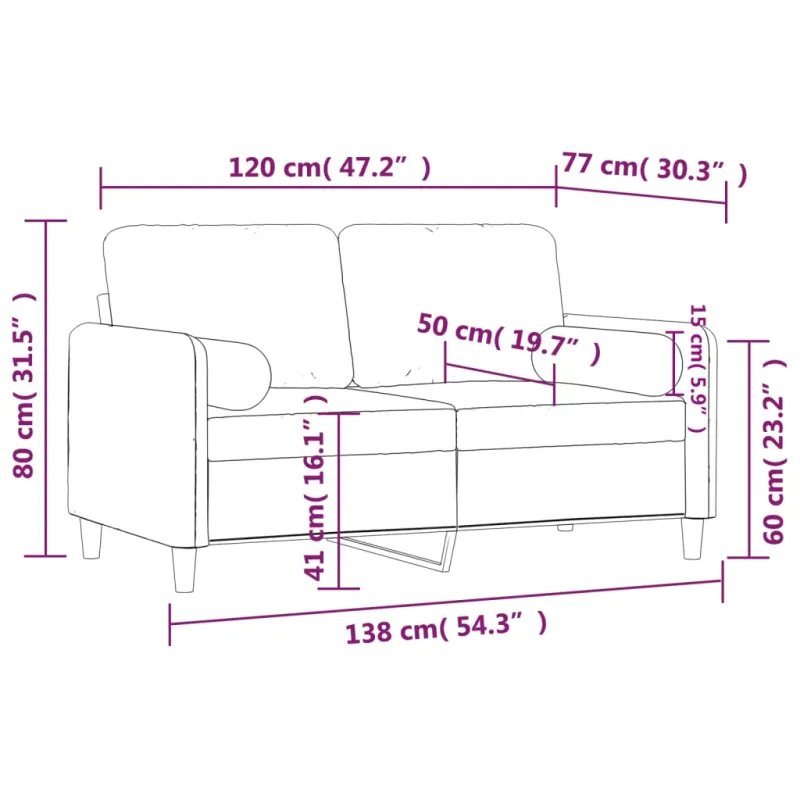 Dvivietė sofa su pagalvėlėmis, rožinės spalvos, 120cm, aksomas
