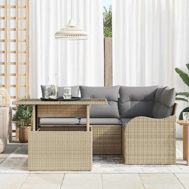 Sodo Sofų Rinkinys su pagalve 5 pcs Smėlio Poli ratanas