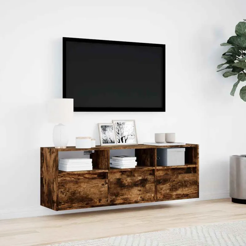 Sieninė TV spintelė su LED lemputėmis, dūminė, 130x31x45 cm