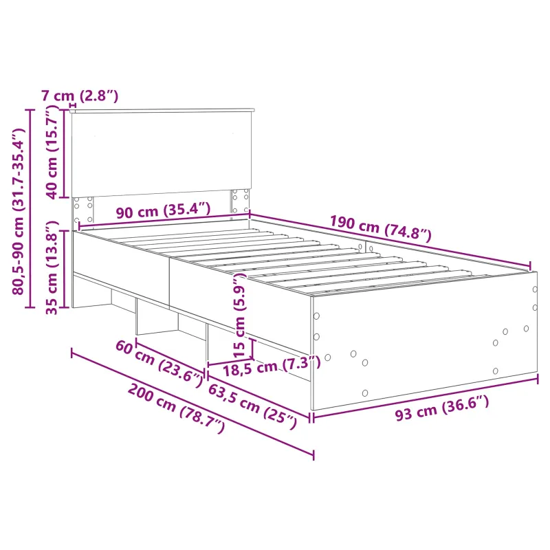 Lovos rėmas su galvūgalio Juoda 90 x 200 cm Apdirbta mediena