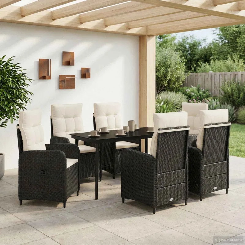 Sofa Stalo Rinkinys su pagalve 7 pcs Juoda ir kreminė balta