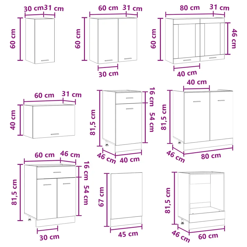 Virtuvės vienetas Lyon 8 pcs Apdirbta mediena