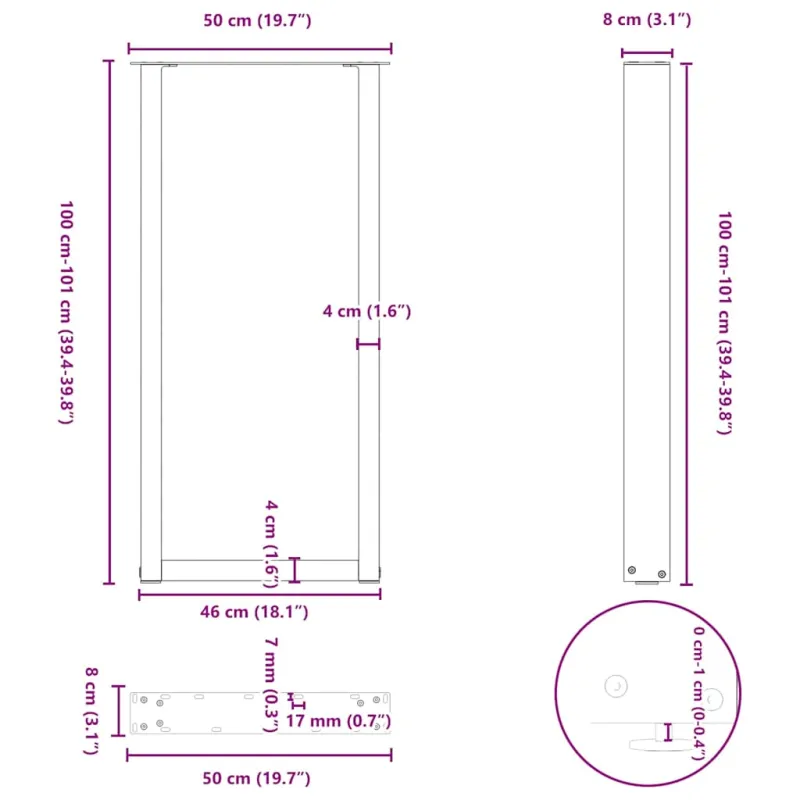 Baro stalo kojos, U formos, 2 vnt., antracito spalvos, 50x(100-101) cm, plienas