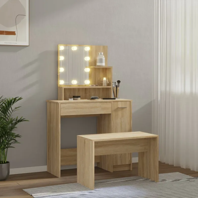 Kosmetinio staliuko komplektas su LED, ąžuolo, apdirbta mediena