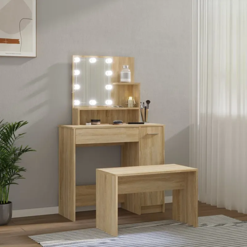 Kosmetinio staliuko komplektas su LED, ąžuolo, apdirbta mediena