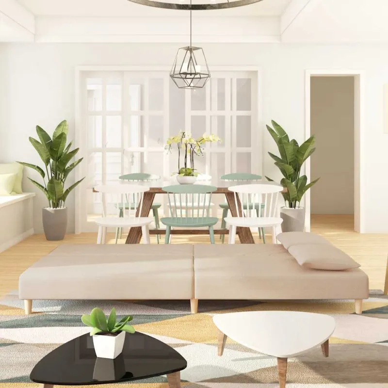 Dvivietė sofa-lova su dvejomis pagalvėmis, kreminė, audinys
