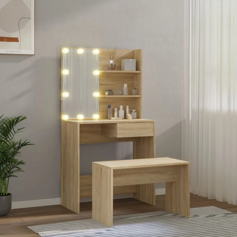 Kosmetinio staliuko komplektas su LED, ąžuolo, apdirbta mediena