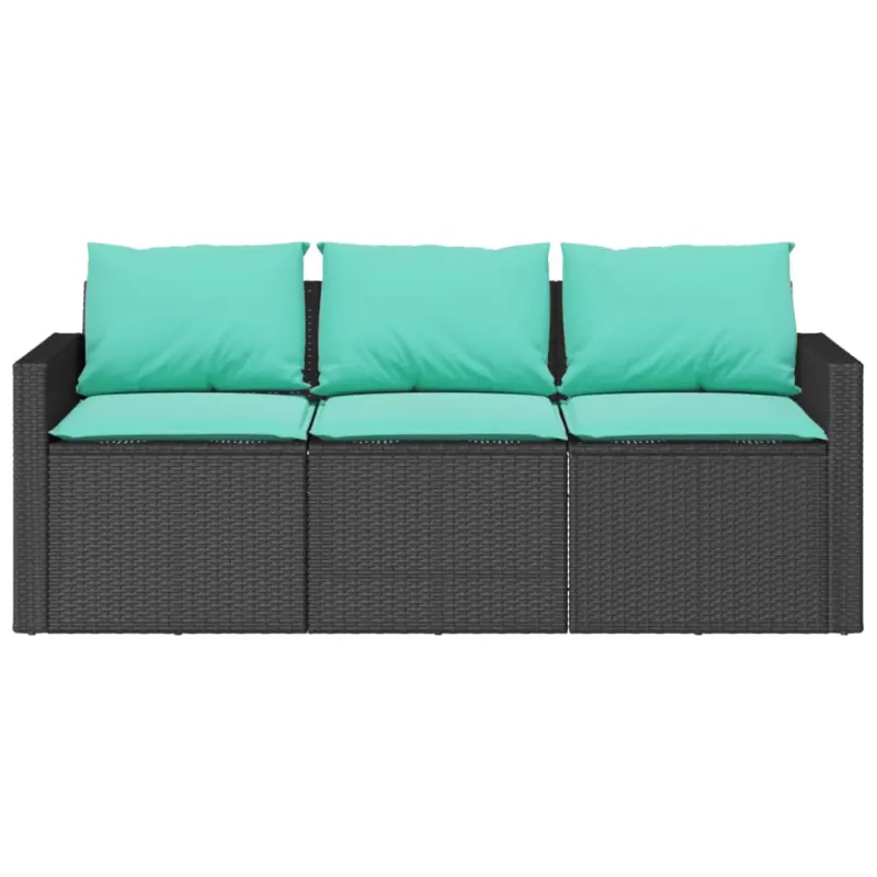 Trivietė sodo sofa su pagalvėlėmis, juodos spalvos, poliratanas