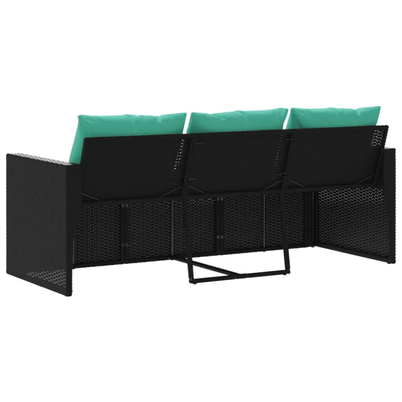 Trivietė sodo sofa su pagalvėlėmis, juodos spalvos, poliratanas