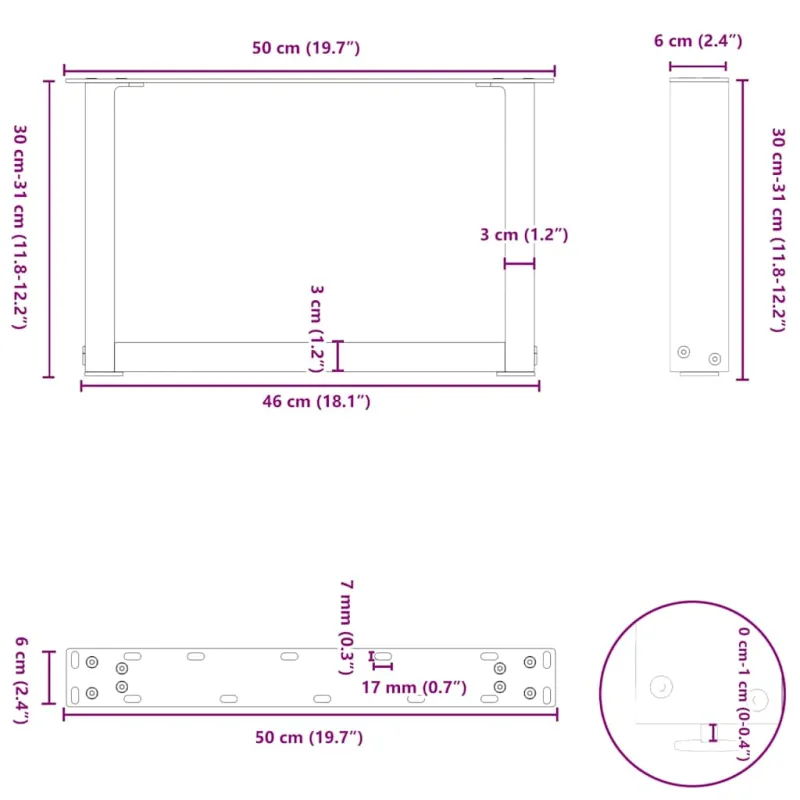 Kavos staliuko kojelės, 2 vnt., juodos, 50x(30-31) cm, plienas, U formos