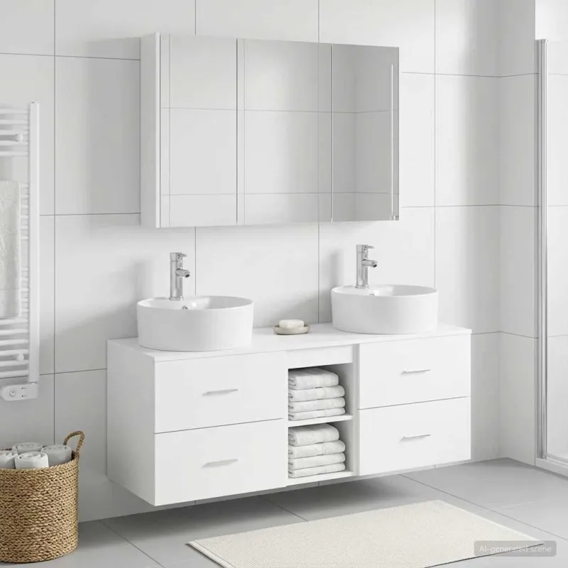 Vonios baldų rinkinys 4 pcs Balta Apdirbta mediena ir stiklas