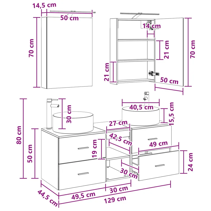Vonios baldų rinkinys 5 pcs Dūminio ąžuolo