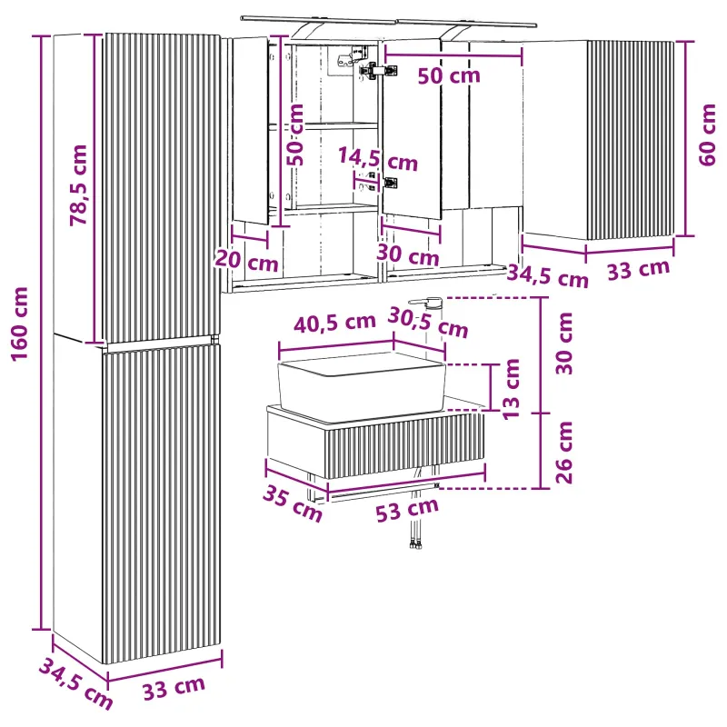 Vonios baldų rinkinys 5 pcs Dūminio ąžuolo