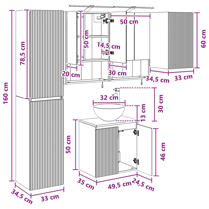 Vonios spintos komplektas 5 pcs Dūminio ąžuolo