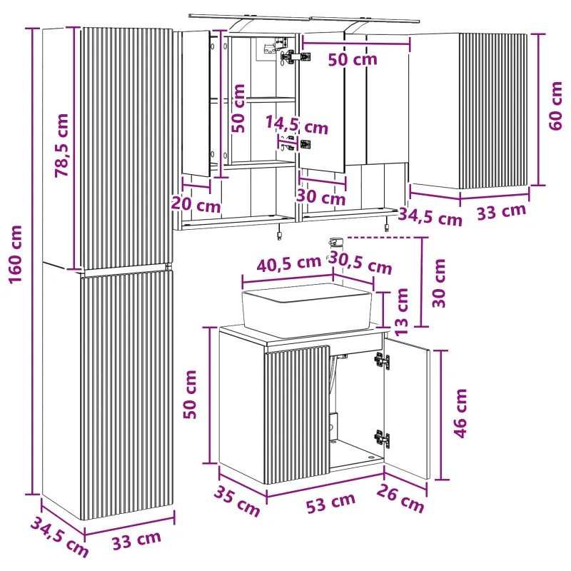 Vonios spintos komplektas 5 pcs Dūminio ąžuolo