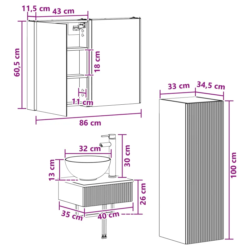 Vonios spintos komplektas 4 pcs Dūminio ąžuolo