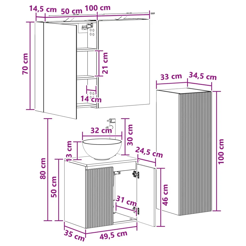 Vonios baldų rinkinys 4 pcs Balta Apdirbta mediena ir stiklas