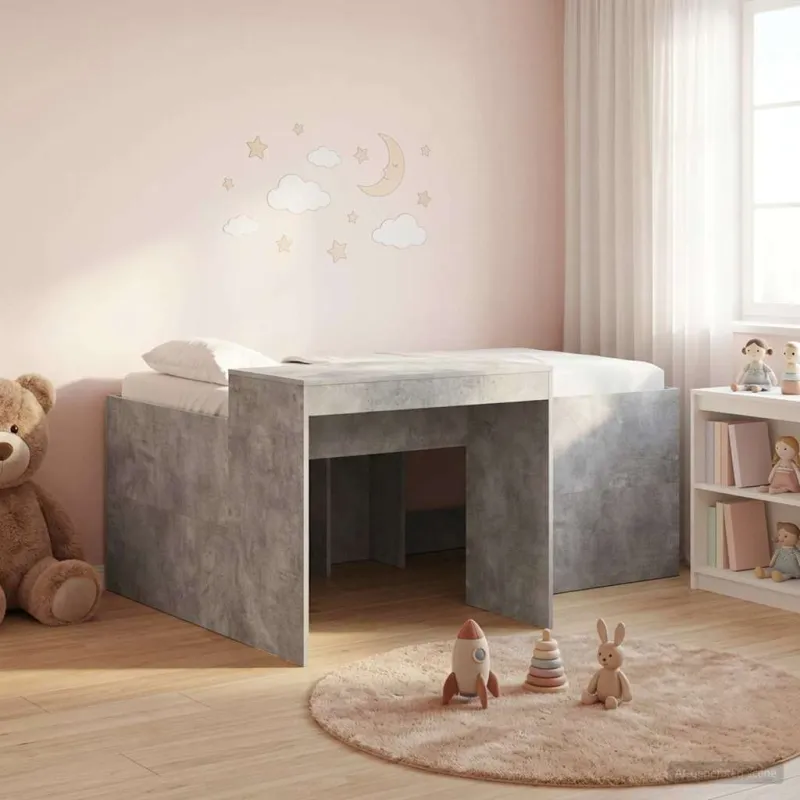 Vaikų Aukštas Lovos Rėmas su Rašomuoju Stalu Betono pilka