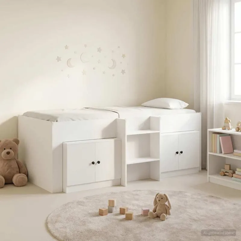 Palėpės lova su spinta su saugykla 3 pcs Balta Apdirbta mediena
