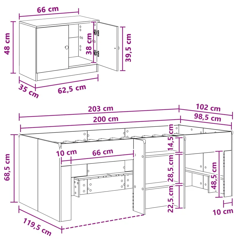 Palėpės lovos rėmas su spinta 3 pcs Balta Apdirbta mediena